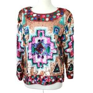 Vintage 80s Aztec Top shirt Large Graphic Retro Geometric Sequin Beaded Silk